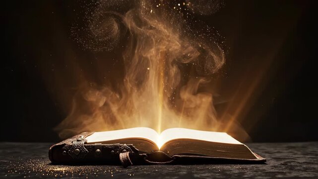 An open magical book with light and sparkling dust emitting from its pages, symbolizing wisdom, knowledge, and mystery