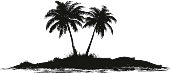 Silhouetted palm trees on a small island, with a dark background and a suggestion of water