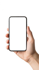 Hand holding smartphone isolated on transparent background