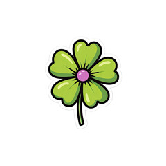 A stylized four-leaf clover sticker with a pink center on a black background