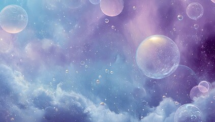 Naklejka premium Serene, dreamy composition featuring floating bubbles amidst soft, pastel-colored clouds & subtle sparkling dust