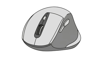 Ergonomic wireless computer mouse with multiple buttons in grayscale illustration © rohim