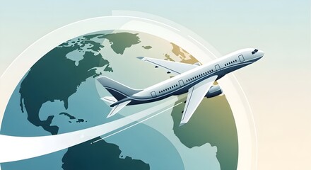 Airplane flying around the globe symbolizing travel and transportation.