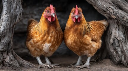 Two striking brown chickens with bright red combs stand side by side posing directly toward the camera between two weathered tree roots outdoors.