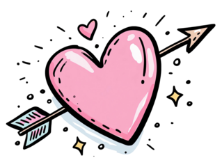 Pink heart pierced by an arrow, accented by tiny hearts and golden stars on a black backdrop