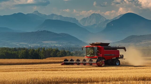 A red combine harvester working in a golden wheat field with mountains.