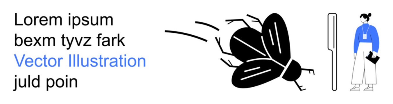 Entomology, pest control, surreal design, fear of insects, human environment, creative concepts. A woman observing a large fly with motion. Entomology and pest control