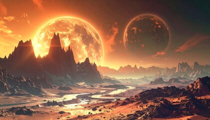 A stunning cosmic landscape featuring an orange-lit planetscape with two celestial bodies dominating the sky