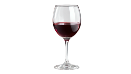 A wine glass, partially filled with red liquid, isolated against a solid black background