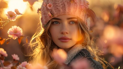 Glowing Portrait of a Young Woman with Blue Eyes in a Pink Beanie among Spring Blossoms at Sunset