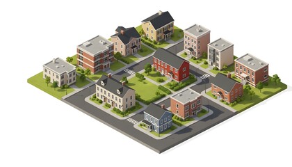 Isometric Neighborhood Cityscape with Diverse Buildings and Green Spaces.