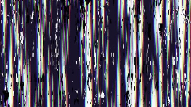 Glitchy TV and computer screen with colorful noise, VHS no signal static, RGB split glitch, broadcasting error, and damaged screen distortion.