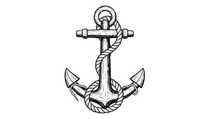 Vintage nautical anchor with rope in detailed black and white illustration © rohim