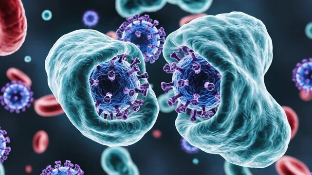 Microscopic view of virus infecting cell. Cellular invasion with replication, and spread. Biology, medicine, infection concept.