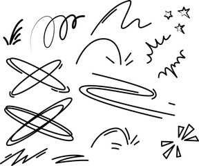 Cartoon line effects and sparks, vector comic doodle hand drawn splashes burst and explosion elements. © Hanan
