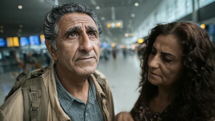 Latin hispanic senior couple in airport. Tourists waiting for flight, travel concept. Authentic portrait of older people. Emotional travel experience, genuine connection.