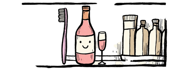 Whimsical illustration of toiletries, including a toothbrush, bottle, glass, and bottles on a shelf