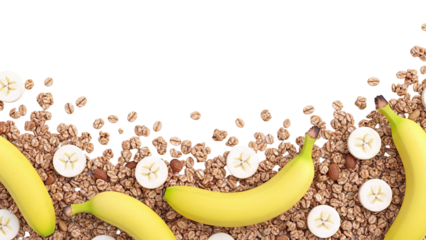 Bananas and Granola Scattered on White Background