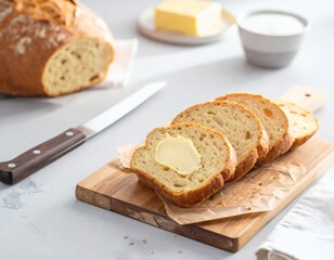 Freshly Baked Sliced Bread with Butter on a Wooden Cutting Board with a Knife and Butter Dish in the Background