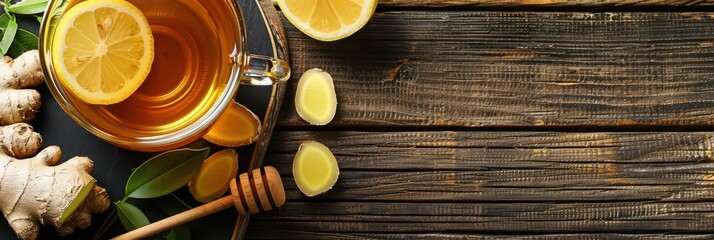 Natural remedies: ginger, lemon, and honey for wellness and immunity. Seasonal cold and flu concept. Horizontal banner. Copy space. Top view