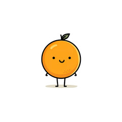 A smiling cartoon orange with a stem and tiny legs, floating with a shadow on black backdrop