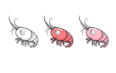 Three stylized, cartoon shrimp in a row, each with a different shade of color