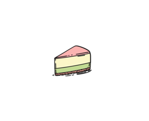 A cartoonish depiction of a slice of layered cake against a pure black backdrop