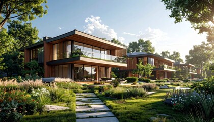 Fototapeta premium Modern luxury house with beautifully landscaped garden and pathway.