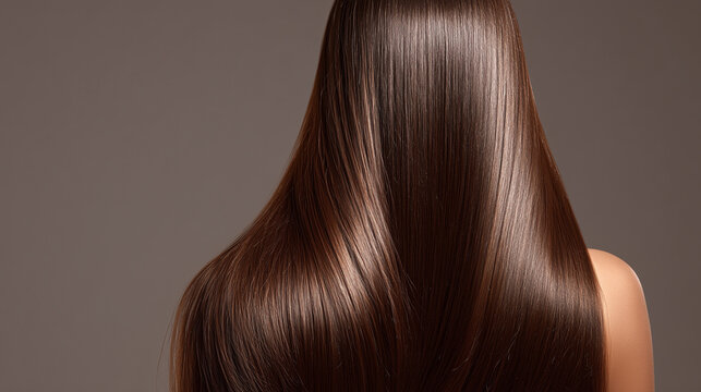 back view of a female model with long healthy straight brunette hair, silky and shiny hair texture display for professional hair care advertisement, elegant hairstyle background without face