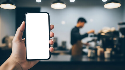 Person Holding Smartphone with Blank Screen in Cafe or Cafe-like Setting