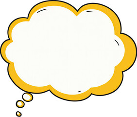 A yellow, cartoon-style thought bubble with a white interior, set against a black backdrop