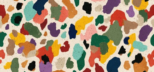 Obraz premium A vibrant terrazzo pattern featuring irregular organic shapes in various colors against a speckled off-white background