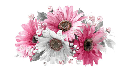 Close-up of pink and white gerbera daisies, adorned with pearls and grey foliage