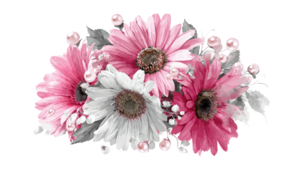 Close-up of pink and white gerbera daisies, adorned with pearls and grey foliage