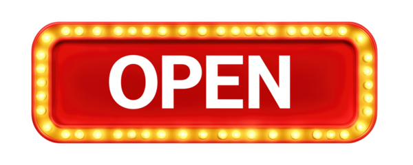 Bright red open sign with glowing light bulbs.