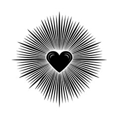 A geometric heart shape, centered with radiating lines, set against a stark black background
