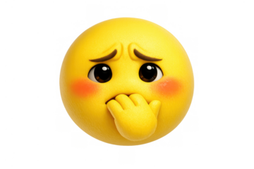 Shy emoji feeling nervous and anxious, covering mouth with hand, expressing embarrassment and worry, transparent background