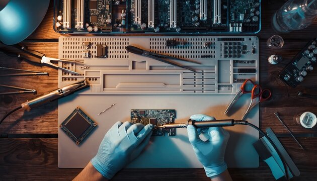 Top-down perspective of a meticulous electronics engineer performing detailed surface mount soldering on a complex motherboard using specialized tools and protective gloves in a dimly lit workshop.