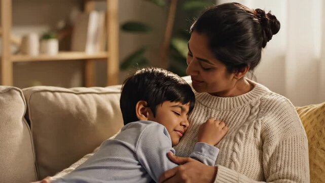 Woman embracing and kissing little boy on couch, showing bonding, mother love, and sweet comfort
