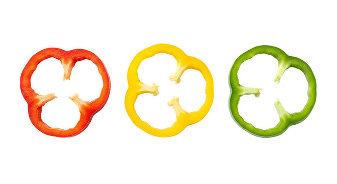 Top view of vibrant red, yellow, and green bell pepper slices, showcasing fresh healthy vegetables, neatly arranged, isolated on transparent background.