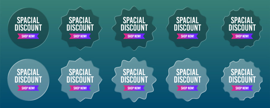 Discount sale shop now badges pop-up with liquid glass style