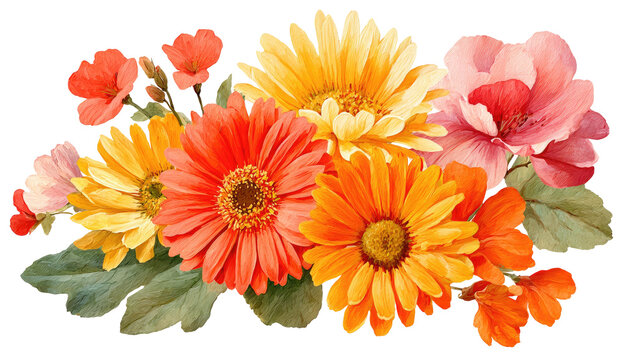 A vibrant watercolor floral bouquet featuring various colorful daisy and rose blossoms