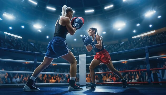 Intense moment between two determined female boxers fighting fiercely inside a brightly lit professional boxing ring during a championship match surrounded by a cheering stadium crowd.
