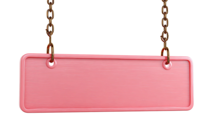 A blank, rectangular pink sign hangs by rusty chains, with rounded corners against a black backdrop