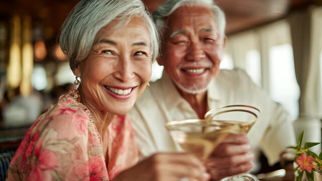 Happy senior Asian couple enjoying cocktails at a luxurious restaurant. Elegant woman smiling warmly, holding a martini glass. Celebrating life, love, and golden years together.