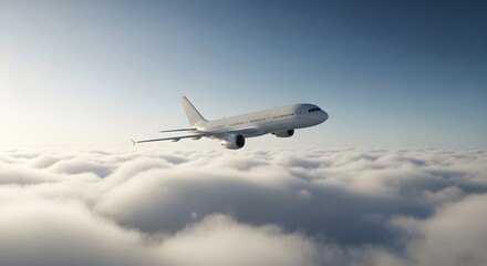 Airplane flying above clouds during sunset.