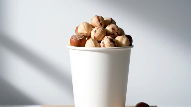 A pristine, static close-up shot features a simple white paper cup overflowing with delicious hazelnuts against a clean, bright white background. The cup holds a delightful mix of both shelled hazelnu