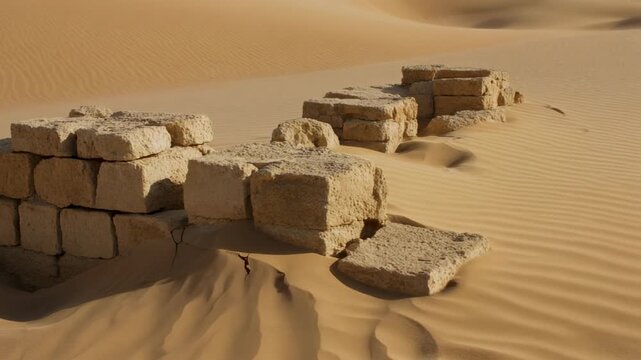 Ruined stone foundation of Babylonian ziggurat half-buried by shifting desert sand, 