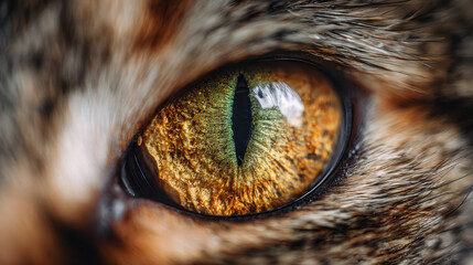 Intriguing Gaze of a Feline: A close-up shot of a mesmerizing cat's eye. The eye captures attention with its bright yellow iris and intricate patterns, expressing deep mystery and allure. 