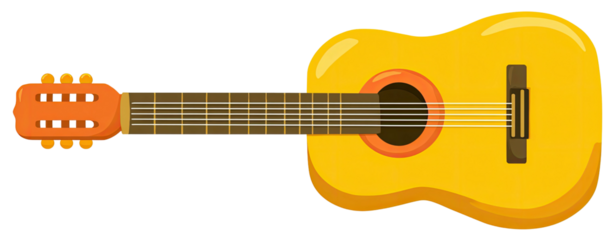 A cartoon illustration of a classical acoustic musical instrument, with a vibrant yellow body